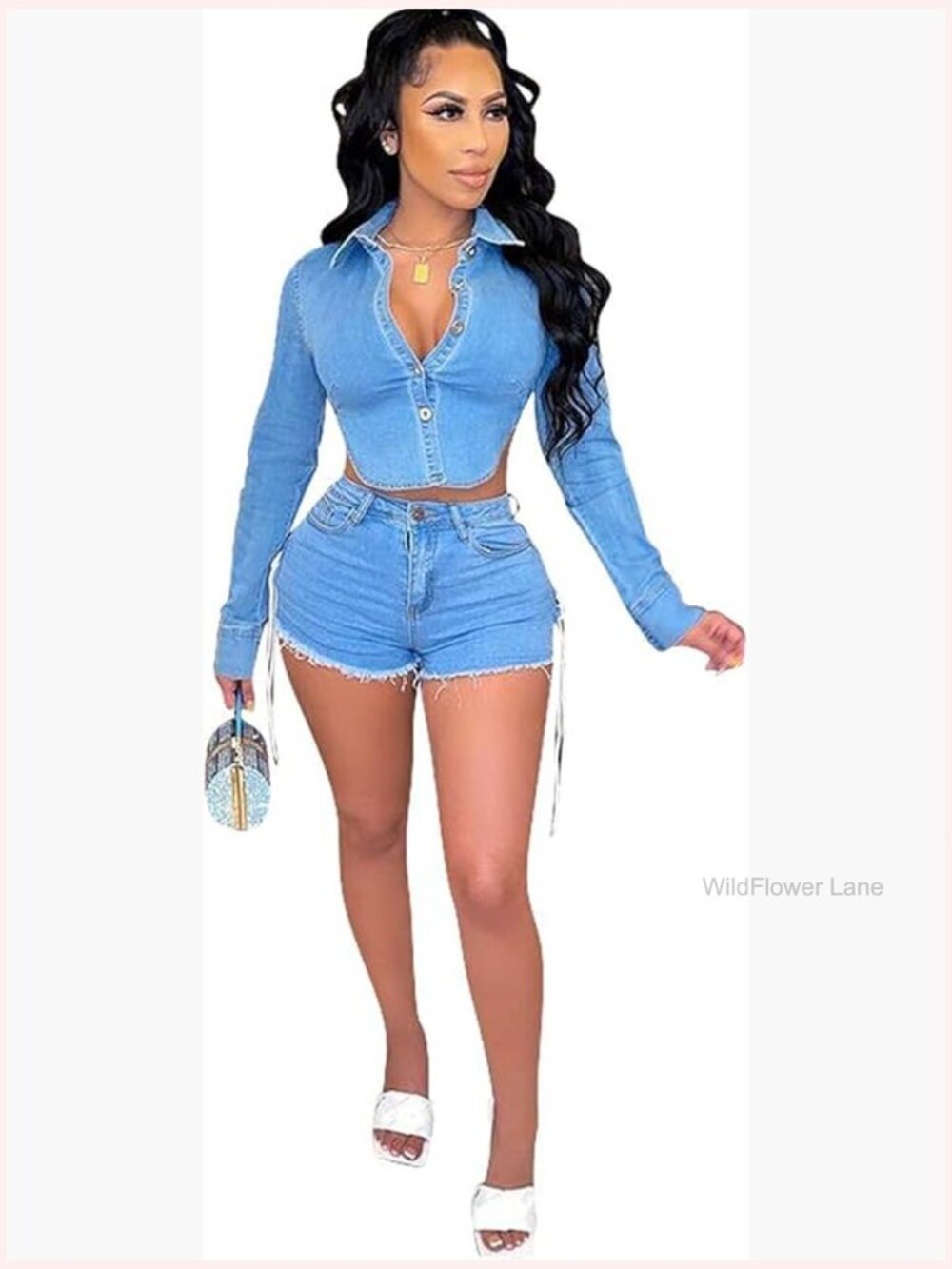 Sexy 2-Piece Denim Blouse & Lace Up Shorts Set Clubwear Tracksuit